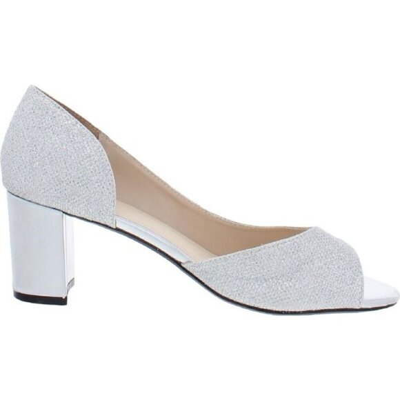 Benjamin Walk SZ 10.5 W Joy Silver Glitter Slip on Peep Toe Block Heel Pump - Picture 3 of 13